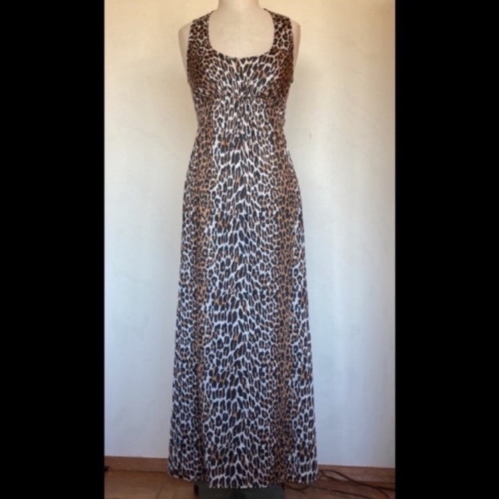 1970s Vanity Fair leopard print nylon knit nightgown, maxi full length, XS